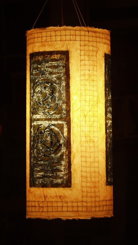 macintosh teal rose on casaba Luminaires collagraphs on kozo wrapping steel armature