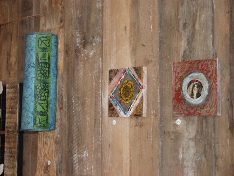 wall sconce (green grapevine on blue - left) Luminaires collagraphs on kozo wrapping steel armature