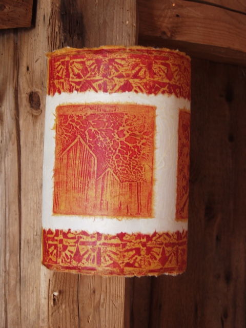 wall sconce (red on ivory) Luminaires collagraphs on kozo wrapping steel armature