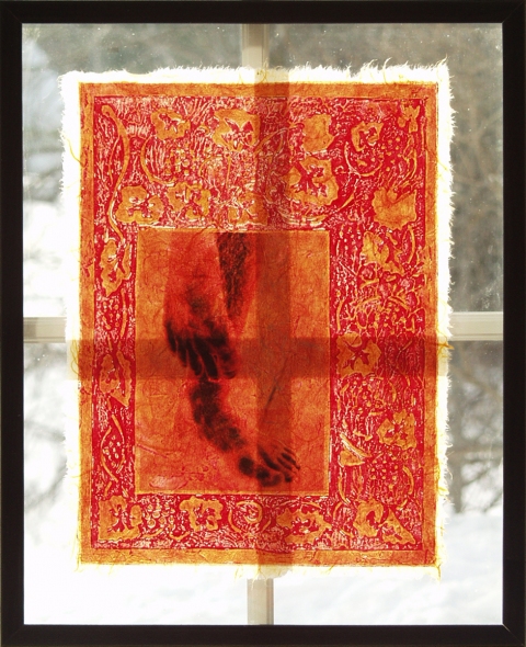 Pensive in Red Window Prints collagraph on kozo, fused to sailcloth with encaustic