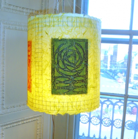 MacIntosh Roses on lime Luminaires collagraphs on kozo wrapping steel armature