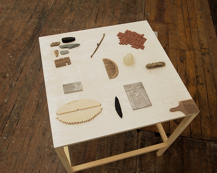 Square Table The Pleasure's Mine Aluminum, loofah, rocks, wood, bronze, glass, clay