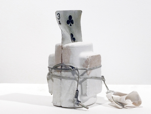 Three of Clubs Selected Small Sculptures: The Queries cast plaster, card (found on Montauk beach) metal, plastic, shell paint