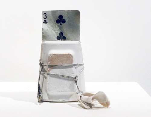 Three of Clubs Selected Small Sculptures: The Queries cast plaster, card (found on Montauk beach) metal, plastic, shell paint