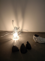 Elisa Lendvay Studio Fabled Agents 2006-7 light: Umbrella parts, wire, light     forms: plaster, mixed media, acrylic paint 