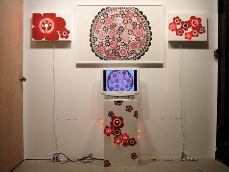 Emilie Lemakis Drawings Watercolor on paper, enamel paint on wood, with electrical lights, TV, and DVD video