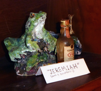 Fred Adell - Wildlife Artist Frogs Mixed media sculpture (fired clay, paper-mache, acrylic paint, brandy bottle 
