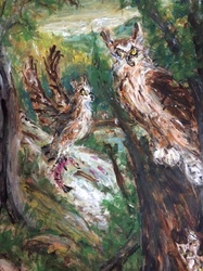 Fred Adell - Wildlife Artist Owls Mixed Media (Ink, watercolor, tempera) on watercolor paper