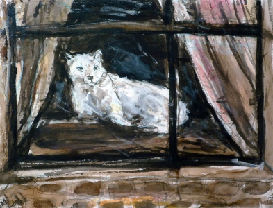 Fred Adell - Wildlife Artist Cats - Domesticated mixed media (ink, watercolor, oil pastel) on paper