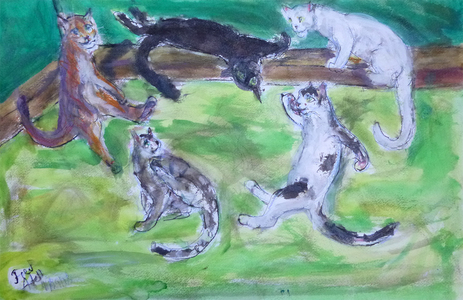 Fred Adell - Wildlife Artist Cats - Domesticated Mixed media (ink, watercolor, tempera, oil pastel)