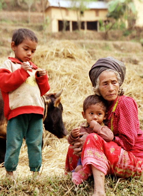 Grandmother and Grandchildren #1 Nepal George Megrue Color photograph