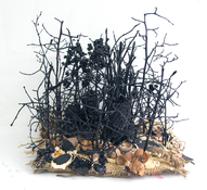 Gilda Pervin  Sculpture Burlap, cement, acrylic paint, twigs, found objects, on wood