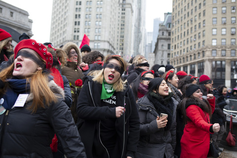 Recreating the Chilean feminist collective Las Tesis action "Un Violador En Tu Camino" A Rapist In Our Path Womens March Foley Square 1/18/20