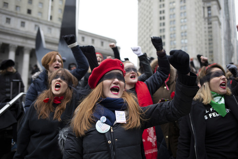 Recreating the Chilean feminist collective Las Tesis action "Un Violador En Tu Camino" A Rapist In Our Path Womens March Foley Square 1/18/20