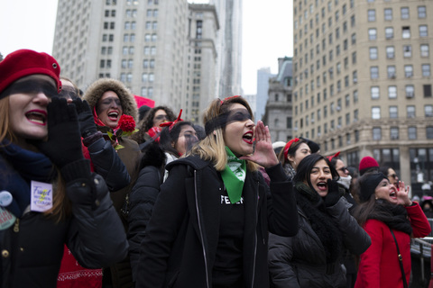 Recreating the Chilean feminist collective Las Tesis action "Un Violador En Tu Camino" A Rapist In Our Path Womens March Foley Square 1/18/20