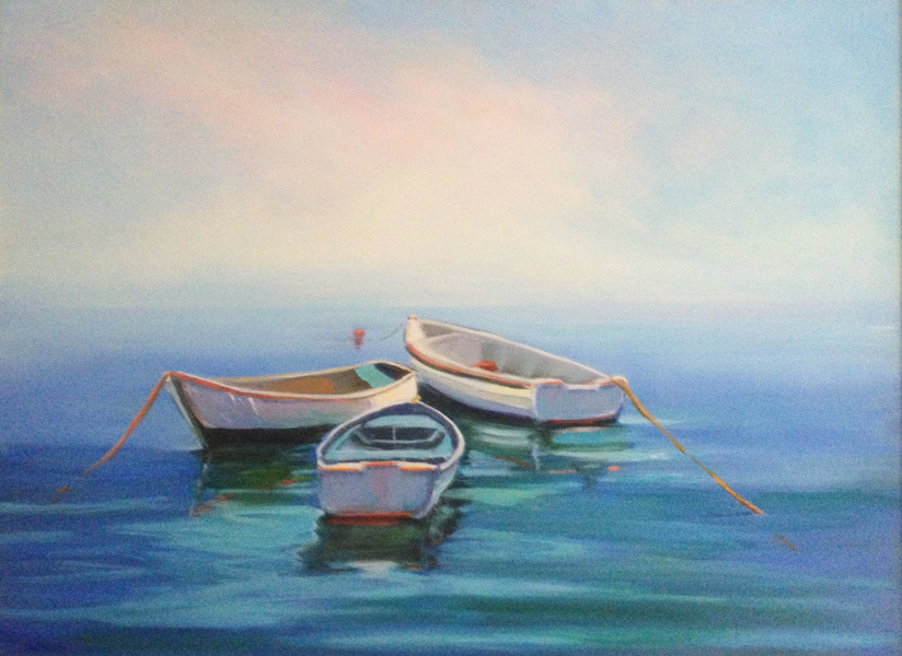 THREE AT REST DANA GOODFELLOW SEA AND WETLANDS OIL ON LINEN