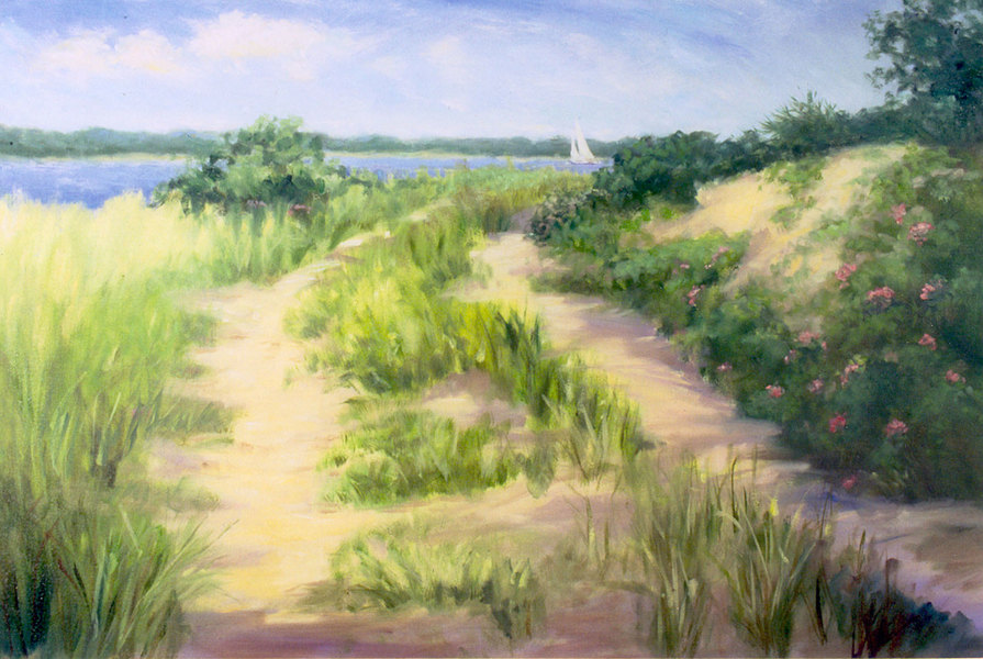 THROUGH THE BEACH ROSES 2 DANA GOODFELLOW SEA AND WETLANDS OIL ON LINEN