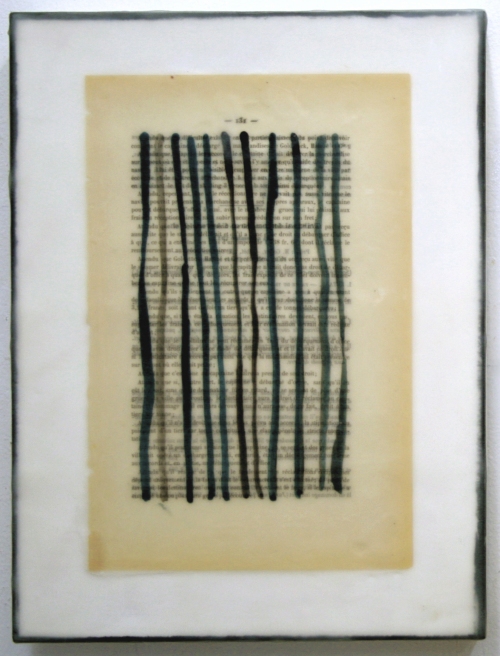 Gwendolyn Plunkett New Language Grid - Booked  Ink on old book page, encaustic medium, oil bar on panel