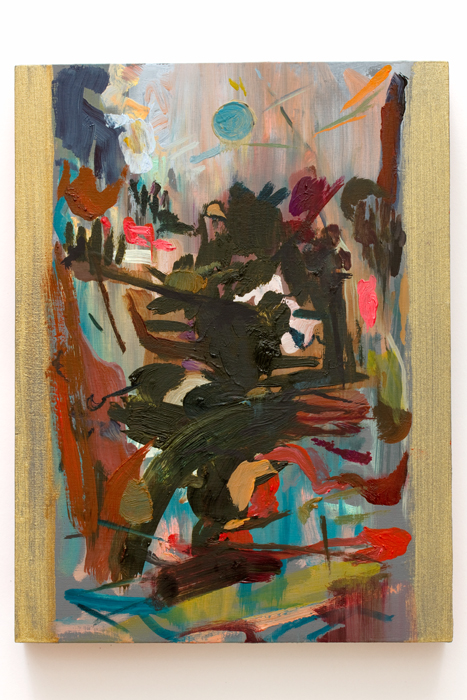 "Something urges me to go on the hill” Works Past Oil and spray-paint on panel