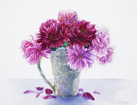 Peonies in a White Pitcher Hulsey Trusty Studios Watercolors Watercolor