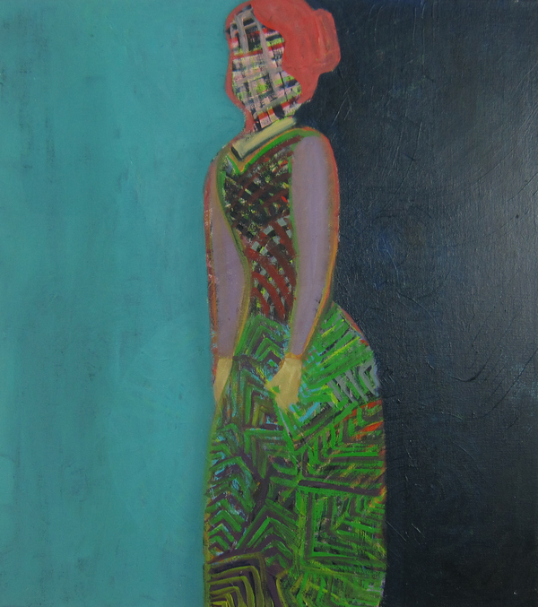 Lady in Plaid Figures and Heart oil on canvas