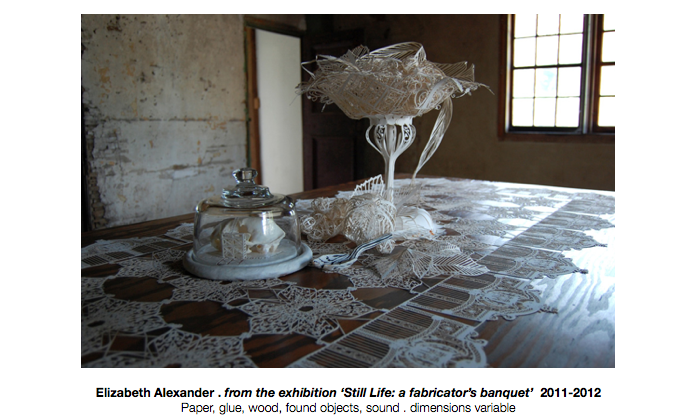 installation shot from the exhibition 'Still Life: a fabricator's banquet' Jane Deering Gallery Elizabeth Alexander Paper, glue, wood, found objects, sound