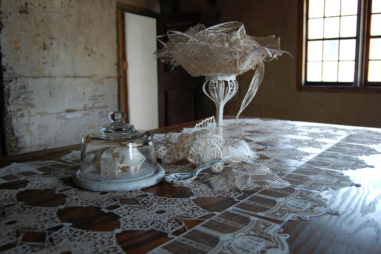 from the exhibition 'Still Life: a fabricator's banquet' Jane Deering Gallery Elizabeth Alexander Paper, glue, wood, found objects, sound