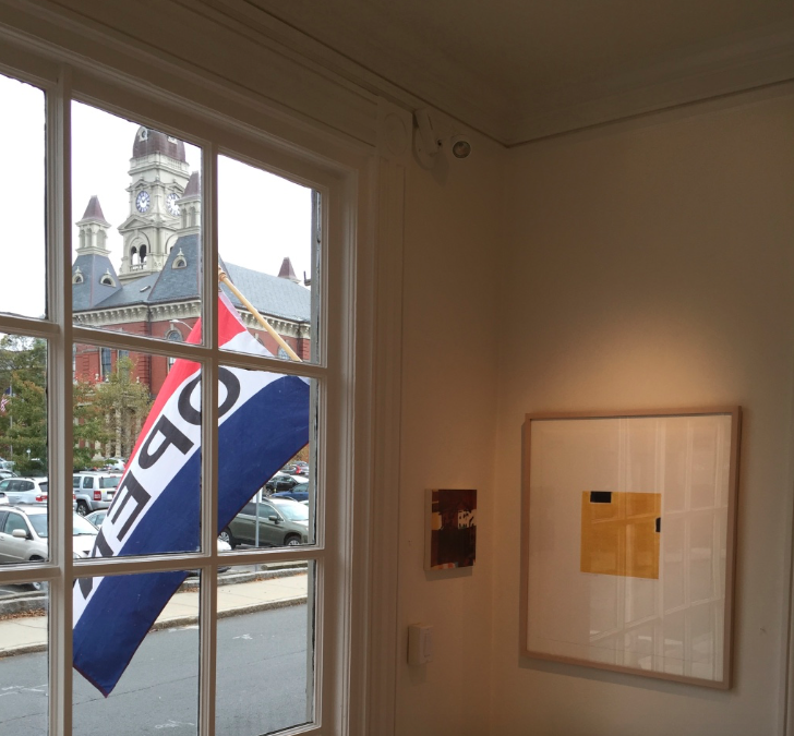 Installation shot -- Gloucester City Hall outside window Jane Deering Gallery Juni Van Dyke | Painting is music you can see