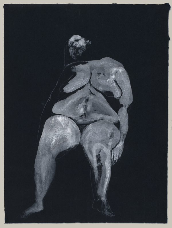 Seated figure, head titled Jane Deering Gallery Drawn from Life White ink on dark blue Moriki paper