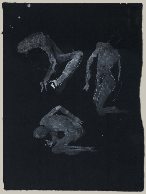 Three figures on a page Jane Deering Gallery Drawn from Life White ink, with white pencil line additions, on dark blue Moriki paper