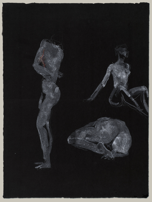 Three figures on a page Jane Deering Gallery Drawn from Life White ink, with white pencil line additions, on black Moriki paper