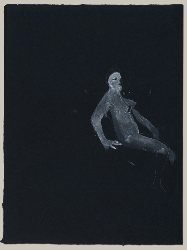 Seated figure, leaning back Jane Deering Gallery Drawn from Life White ink, with white pencil line additions, on dark blue Moriki paper