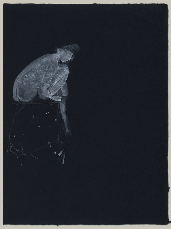 Seated figure, bent forward Jane Deering Gallery Drawn from Life White ink, with white pencil line additions, on dark blue Moriki paper