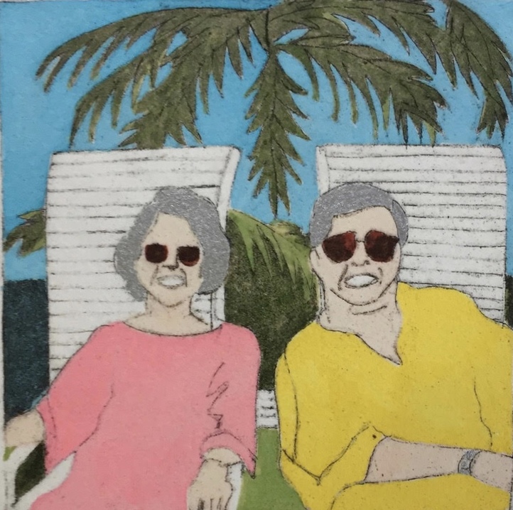 Polaroid Paradise (detail) Jane Deering Gallery Joy Halsted | In and Out of the Box Hand-colored etching . Ed 4/10