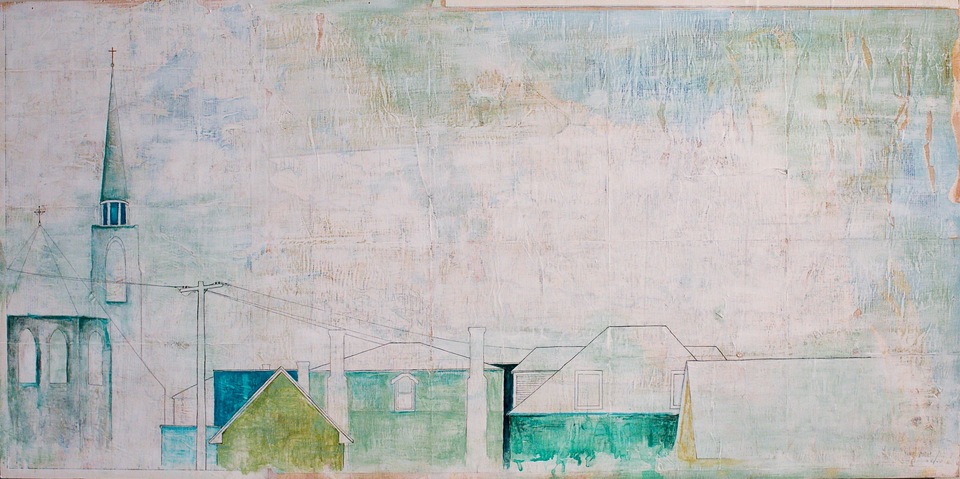 St. Ann's 1 Jane Deering Gallery Erin Luman -- shelter | the cottages of long beach Acrylic, pencil and pen over map