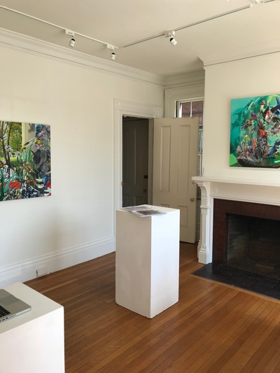 Installation shot: Left -- 'Can't See the Forest for the Trees' . Right -- 'Silent Stirrings' Jane Deering Gallery Bird Brained | New Work by Heidi L Johnson