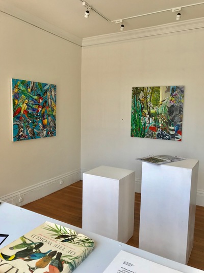 Installation shot: Left -- 'Birds of a Feather . Right -- 'Can't See the Forest for the Trees' Jane Deering Gallery Bird Brained | New Work by Heidi L Johnson