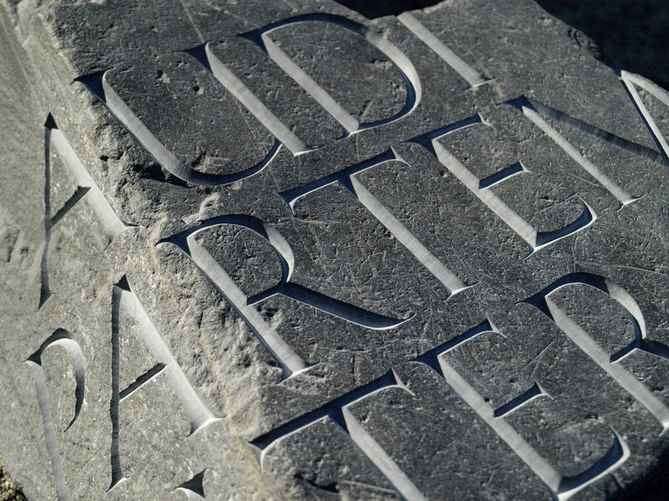 Audi Partem Alteram (Hear the Other Side) -- detail Jane Deering Gallery WITHIN / WITHOUT Found stone