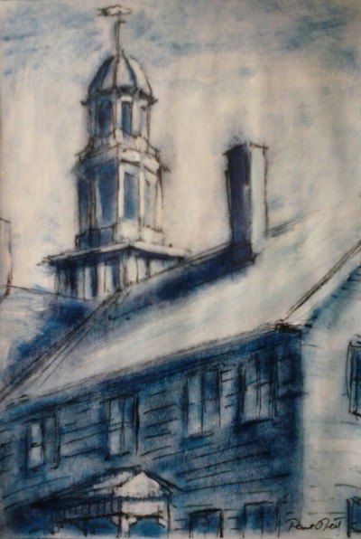 Pine Street, Unitarian Church Paul Neily-- Gloucester Blue Pen, gouache and latex on paper