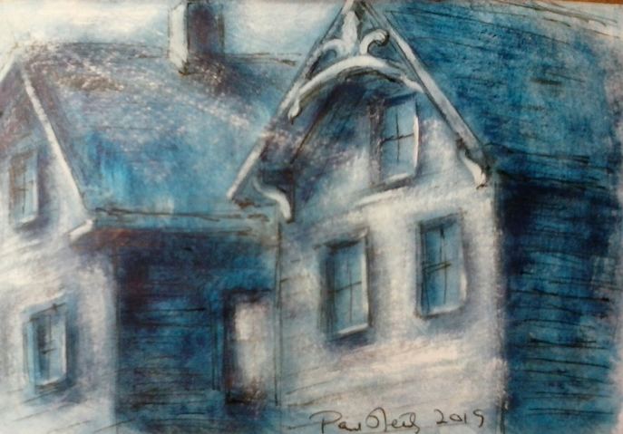 School Street Paul Neily-- Gloucester Blue Pen, gouache and latex on paper