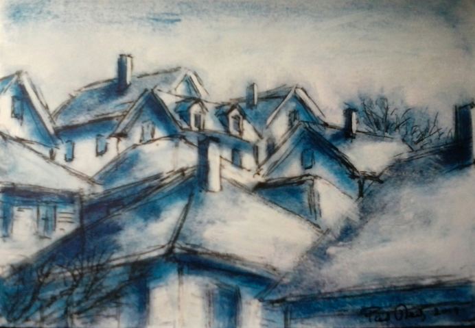 Rooftops looking up Herrick Court Paul Neily-- Gloucester Blue Pen, gouache and latex on paper
