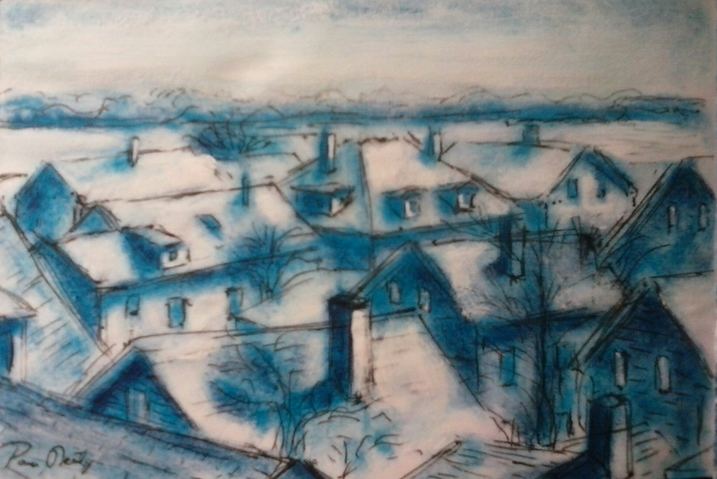 Beacon and Lookout Streets Paul Neily-- Gloucester Blue Pen, gouache and latex on paper