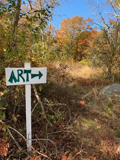 Sign for Michalak's show in the Dogtown woods, Gloucester Massachusetts Jane Deering Gallery Vanessa Michalak | Green Space
