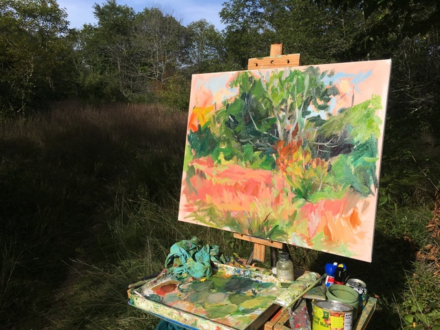 Process of plein-air painting in Dogtown, Gloucester MA Jane Deering Gallery Vanessa Michalak | Green Space