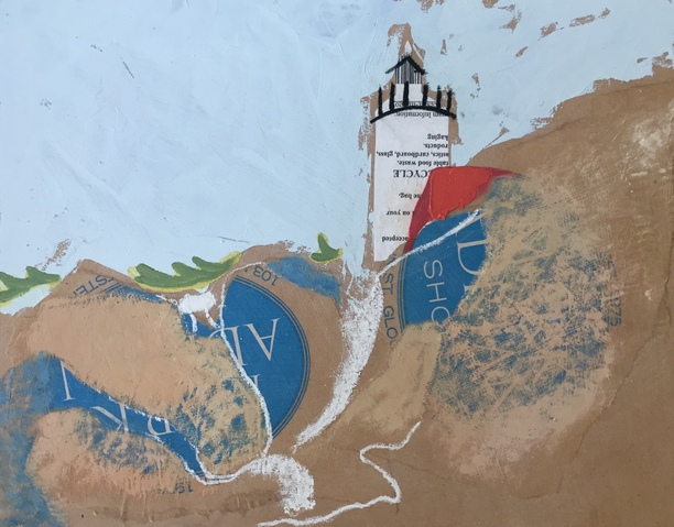Lighthouse Collage (Mark Adrian Shoes) Jane Deering Gallery Amy Robson | Keep Looking Oil on board with collage