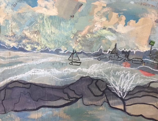 Two Boats (Collage) Jane Deering Gallery Amy Robson | Keep Looking Oil on board with collage