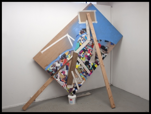 Constructive Monument (work in progress) Jane Deering Gallery Exhibition: MFA candidates . UCSB & UCDavis Wood, collage, adhesive, paper, acrylic, spray paint, tacks, bucket
