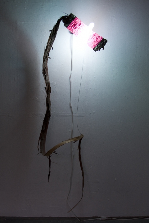 Y Jane Deering Gallery Exhibition: MFA candidates . UCSB & UCDavis Bark, surveyor's tape, tarp strips, fluorescent light, hardware