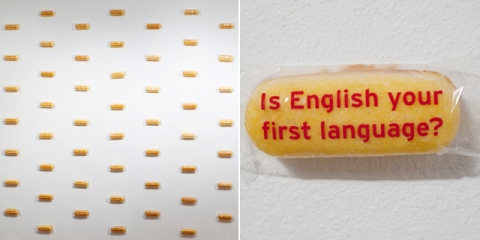 Yellow Outside, White Inside Jane Deering Gallery Exhibition: MFA candidates . UCSB & UCDavis Hostess twinkies, clear wrap, lettering