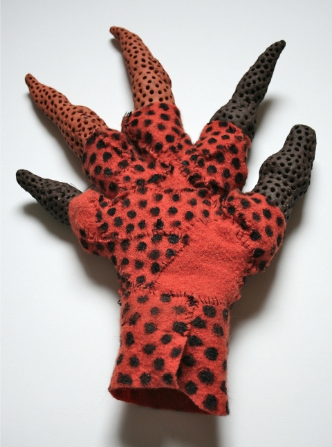 Orange Glove Jane Deering Gallery Exhibition: Ceramics . 'A Thousand Hours' Stained ceramic, wire, wool, felt, thread, paint